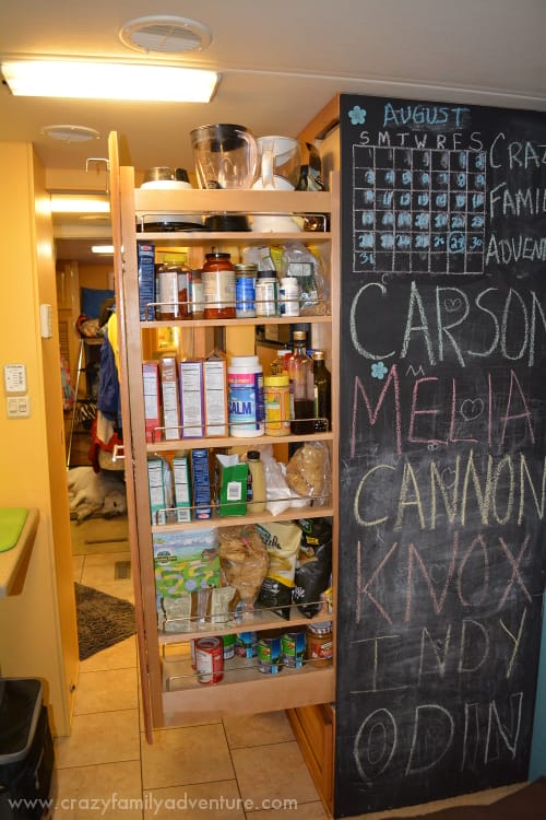 We needed to include more food storage for this RV remodel. This giant pull-out pantry was just the ticket!