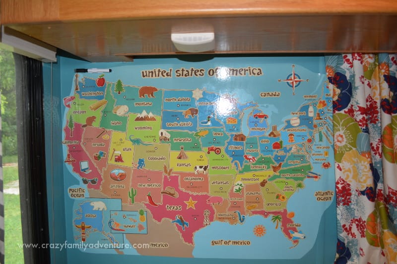 The USA whiteboard Map that we use to show the kids where we are and where we are going. 