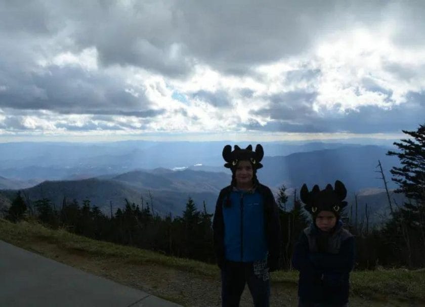 Kids hiking in dragon hats, family fun in Gatlinburg