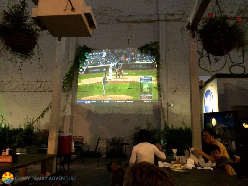 The projector in the beer garden is great for things to do with kids in Savannah Georgia 