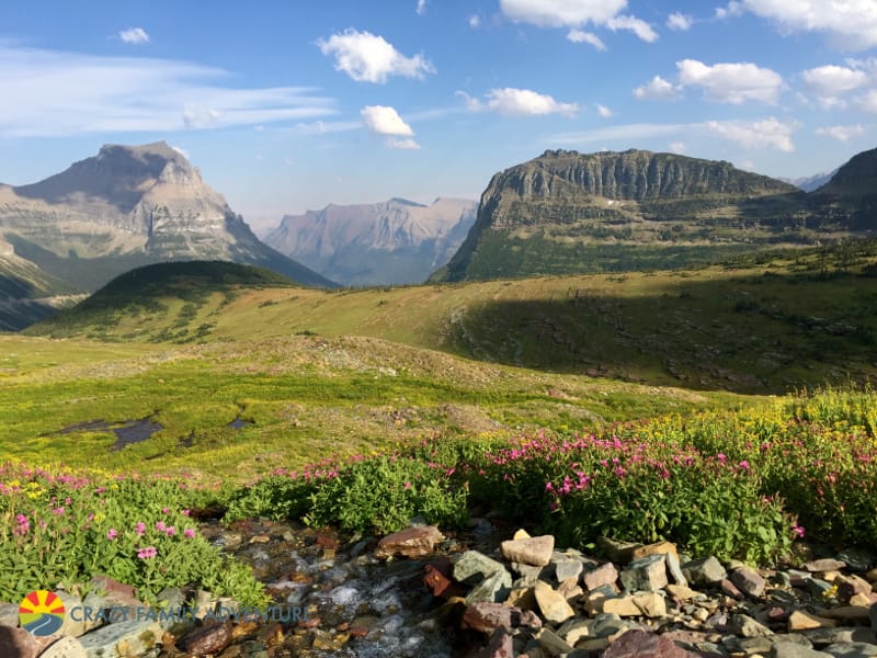 A look out over the meadows along the Hidden Lake trail in Glacier National Park