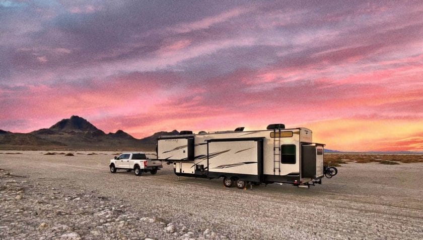 5th Wheel RV on the Salt Flats at sunset