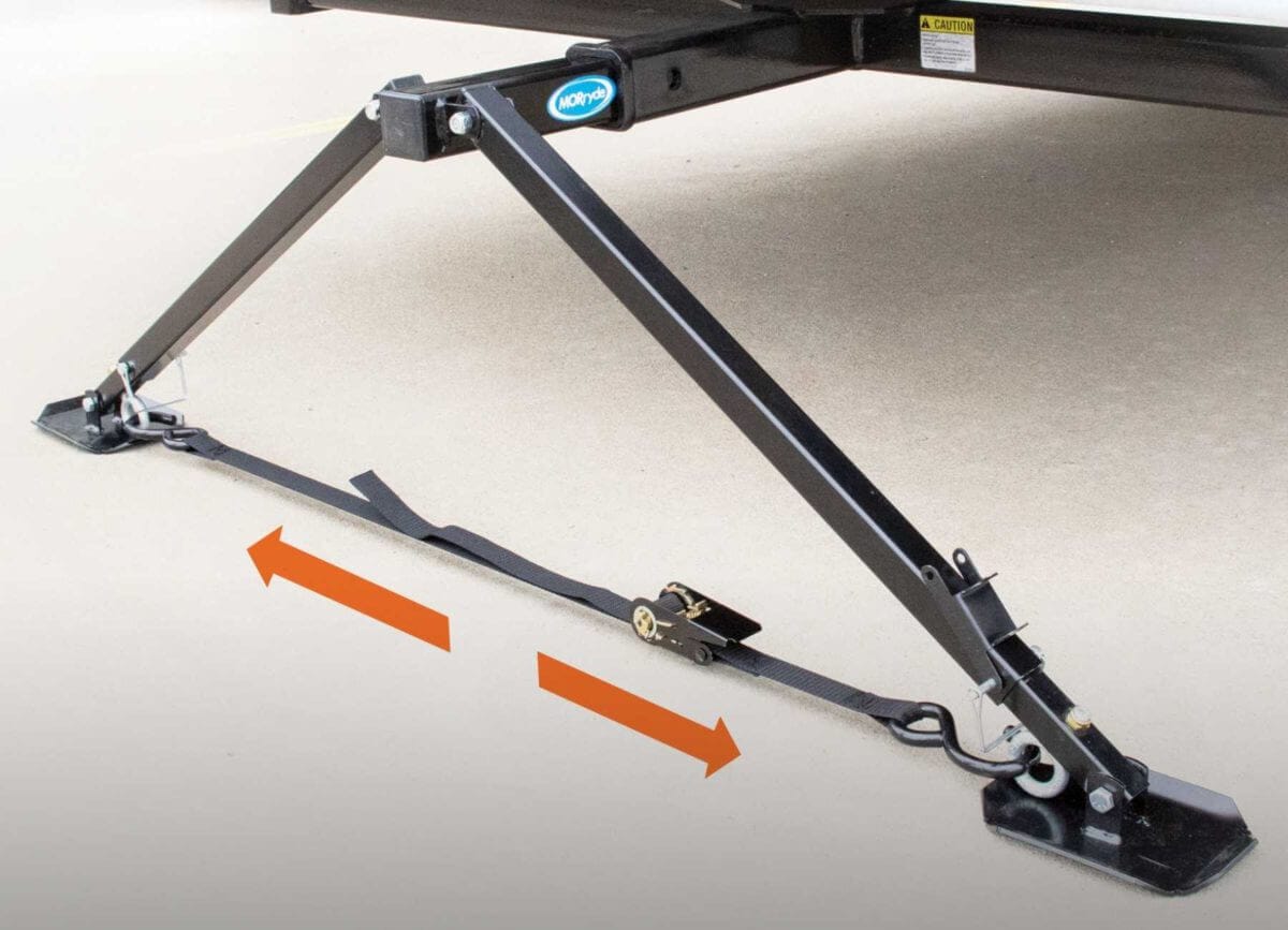MORryde's X-Brace Hitch Mount Stabilizer easily attaches to the rear 2" hitch receiver on any RV and provides excellent front to back stabilization