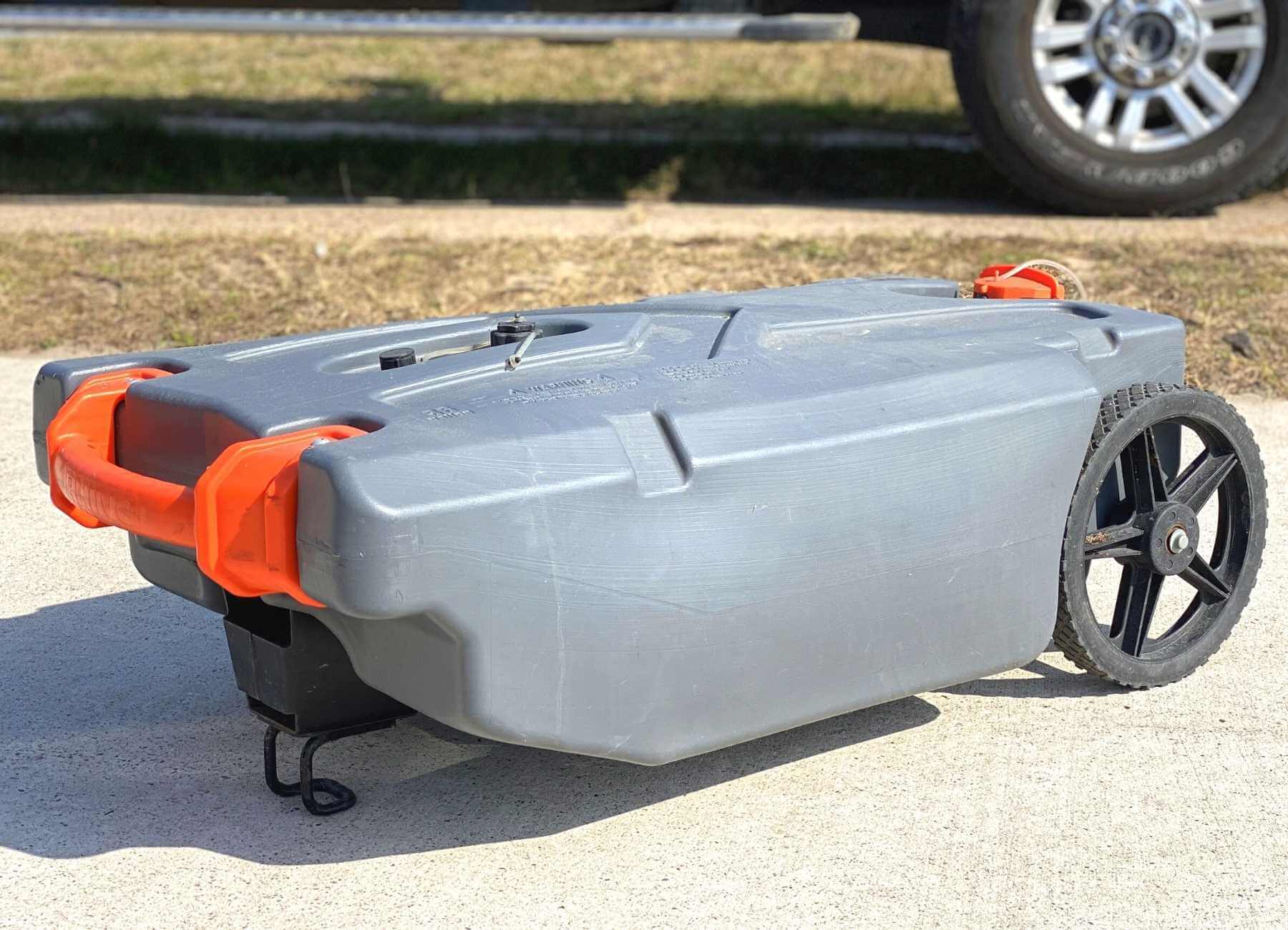 Camco Rhino 36 gallons portable sewer tote makes disposing of waste a breeze.
