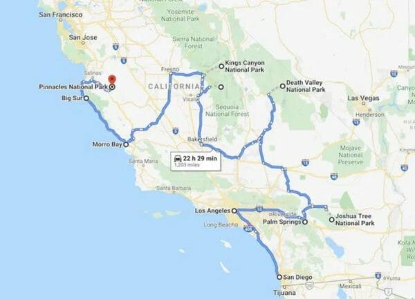 Shows a map of the road trip through Southern California, Things to do in Southern California