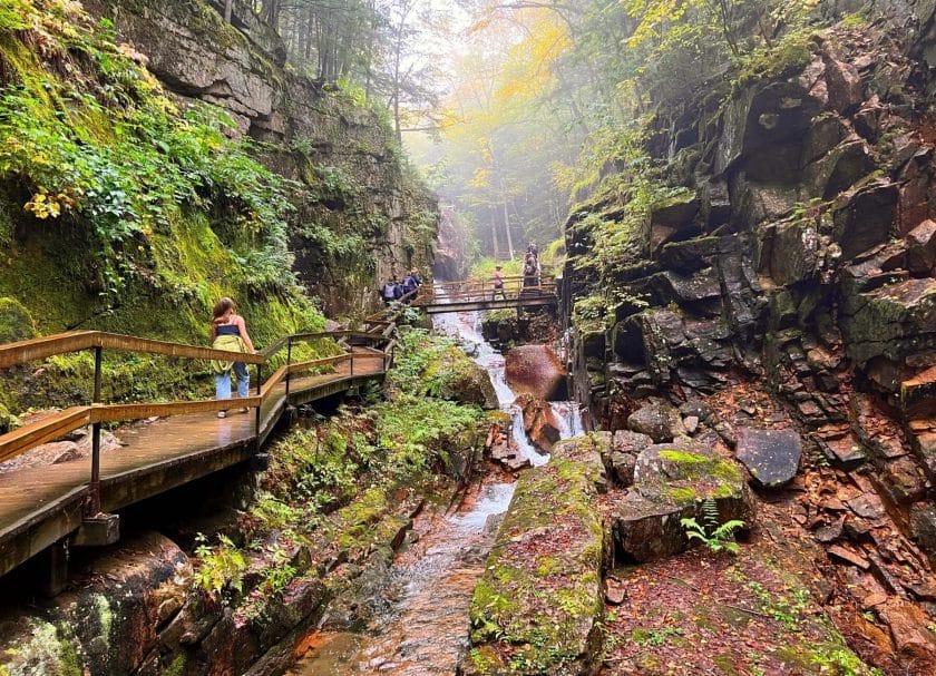 Things To Do In Lincoln New Hampshire on an east coast road trip. Picture of Flume Gorge Hike.