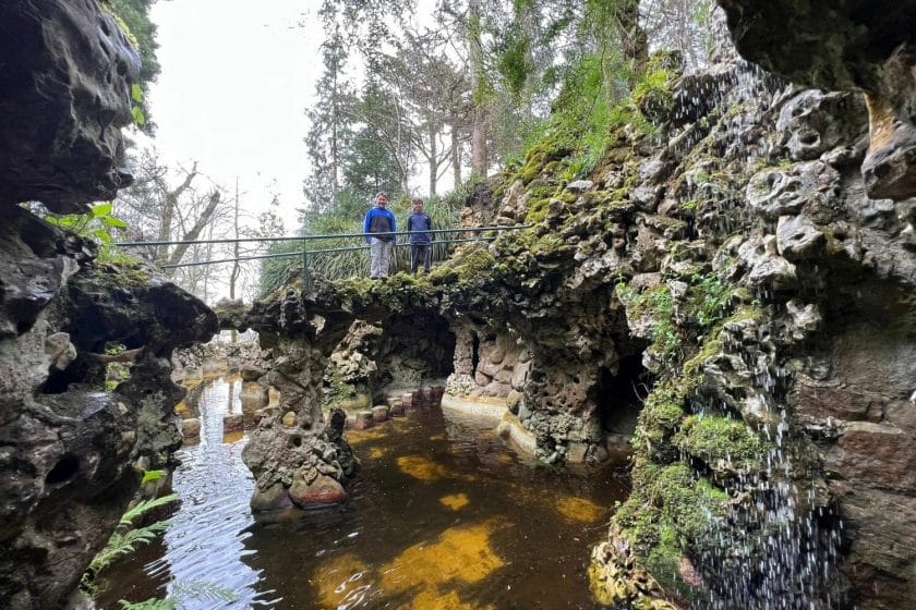 Walkway over the pond and waterfall