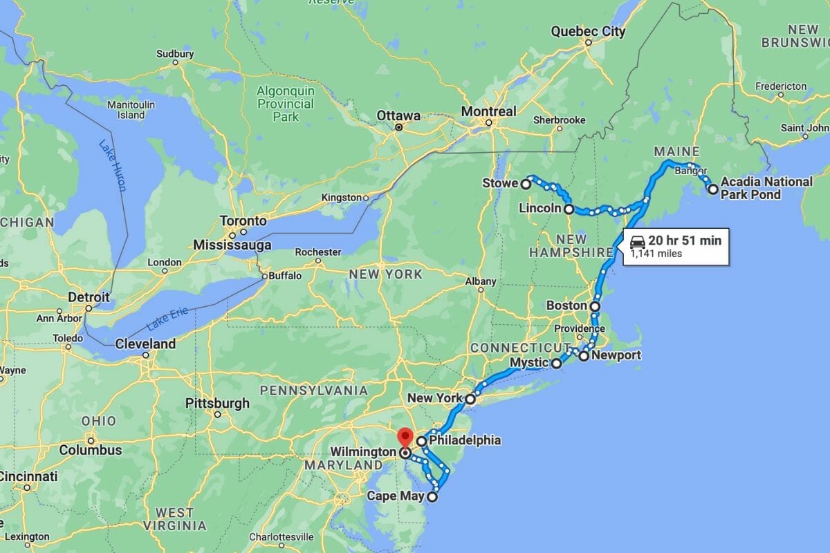 East Coast RV Itinerary first half map