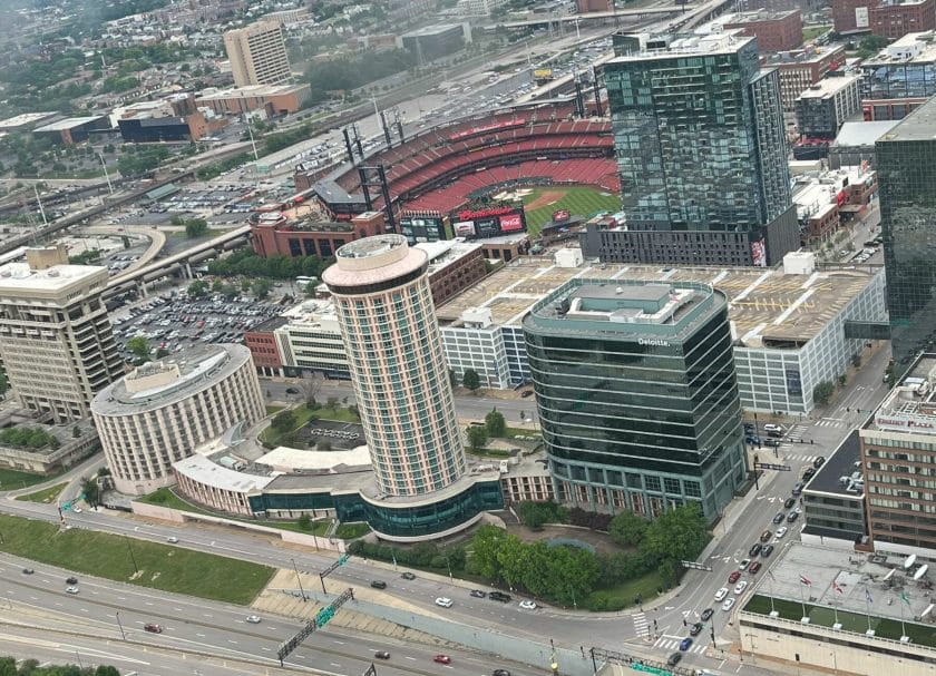 Window View showing the St Louis Cardinals Stadium from the Gateway Arch National Park