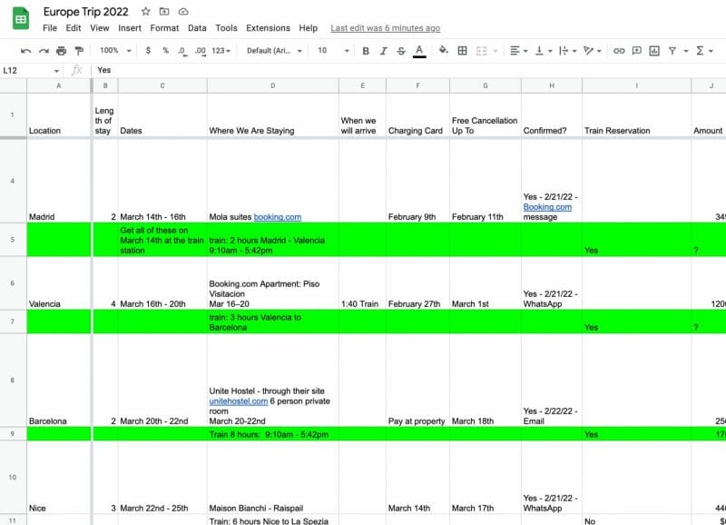 Spreadsheet we created to plan our trip to Europe
