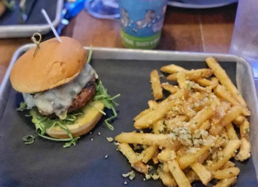 Delicious burger and fries at the Groovy Goat, Gulf Shores