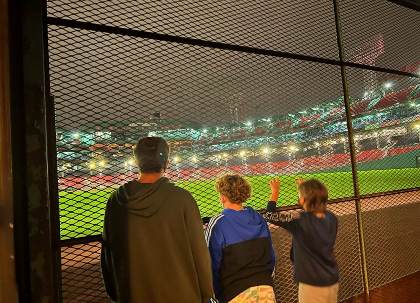 Checking out Fenway Park at the Bleacher Bar in Boston with kids