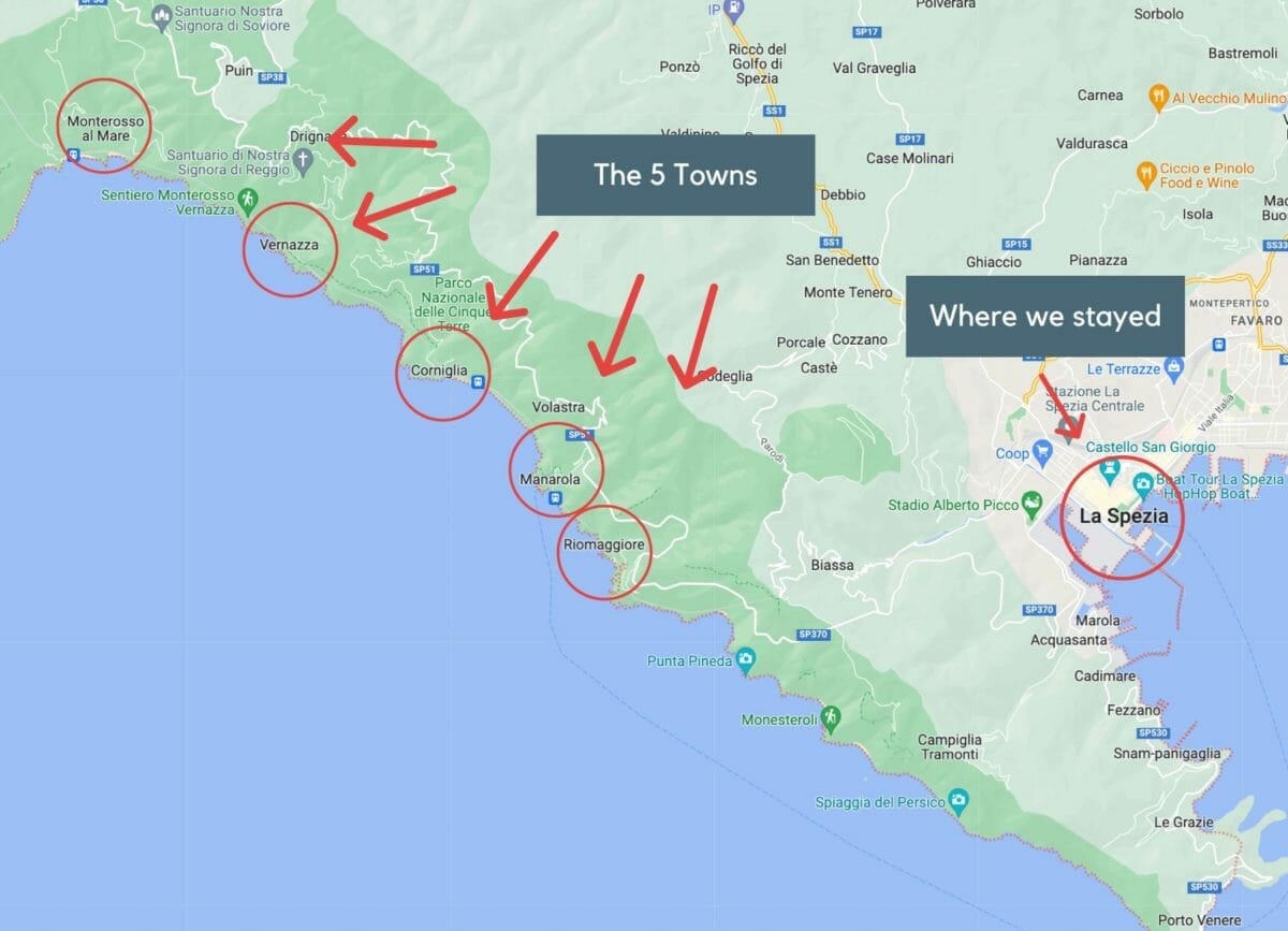 Map of 5 Cinque Terre Towns and where we stayed.