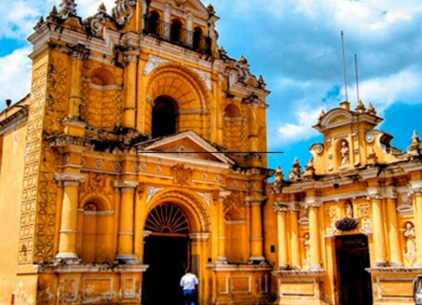 Shows a view of Iglesia Santo Pedro Hermano and its gothic architecture, Things to do in Antigua Guatemala