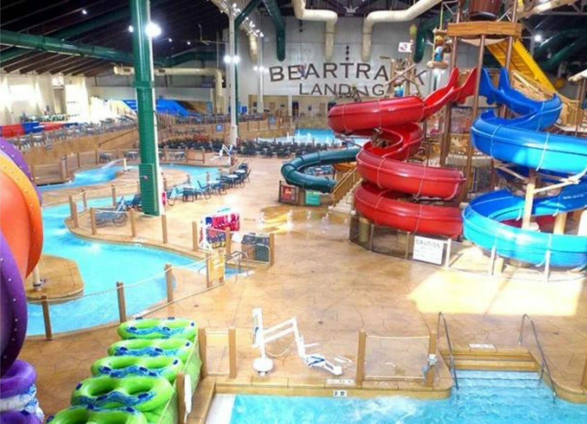 Shows multiple large water slides and the lazy river at Great Wolf Lodge in Wisconsin, indoor water parks Wisconsin