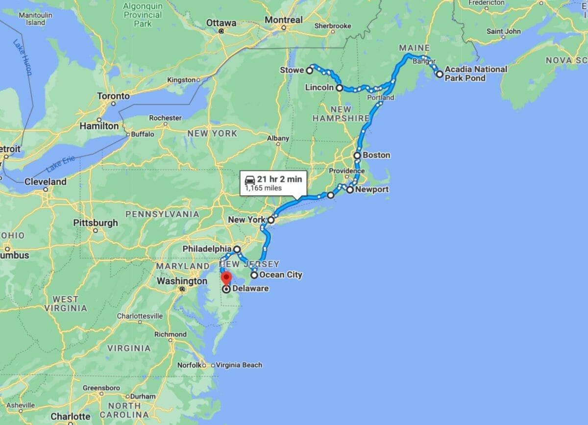 1st Half map of East Coast Road Trip