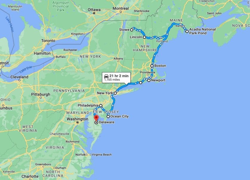 1st Half map of East Coast Road Trip