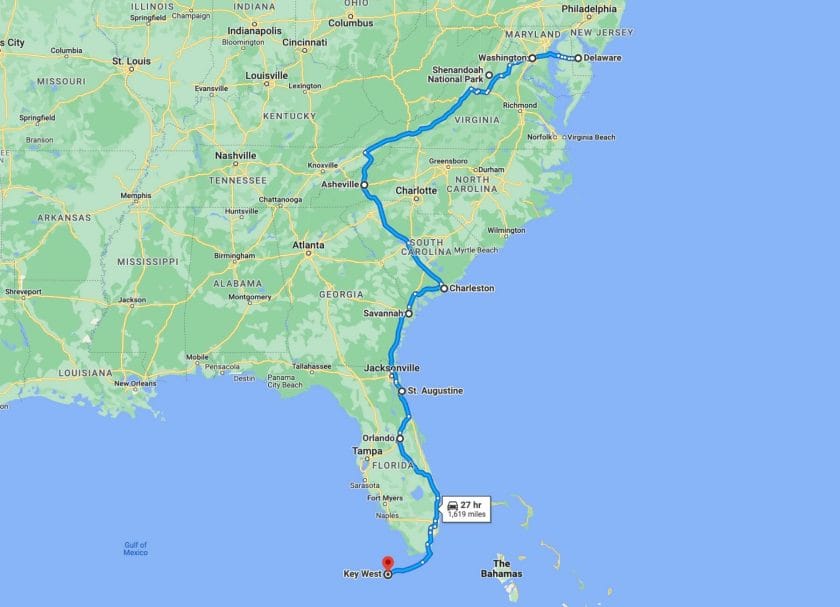 2nd Half map of east coast road trip