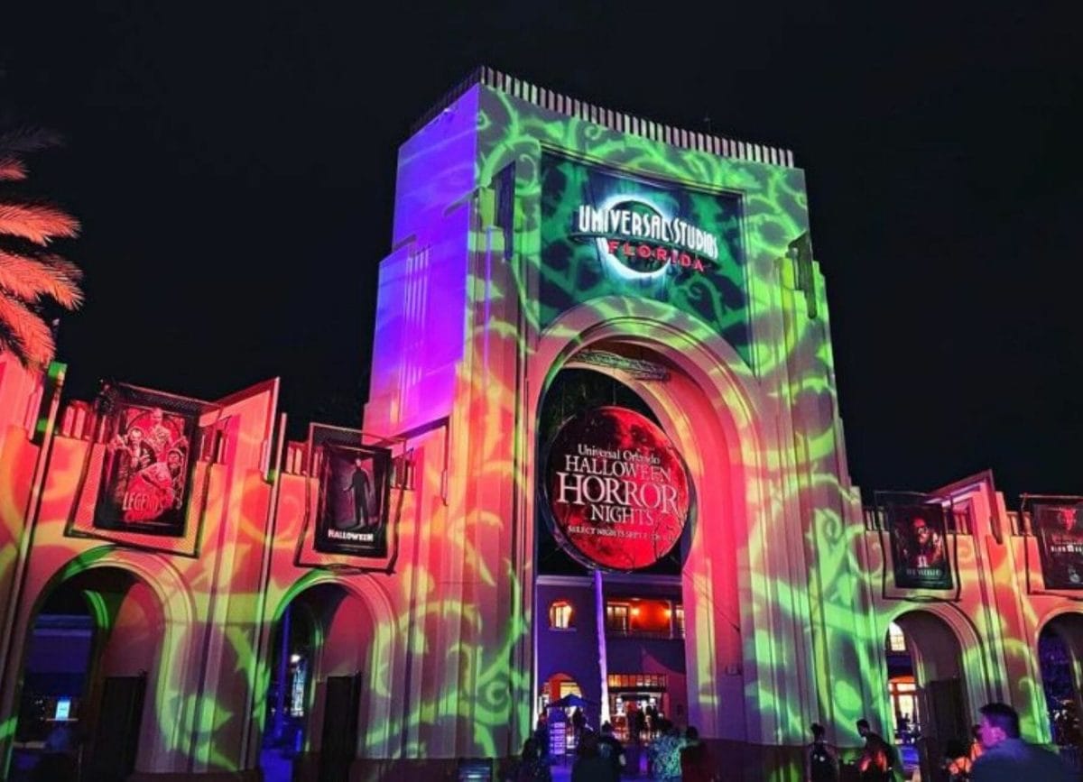 Shows the exterior view of Universal Studios Orlando decorated for Halloween, Halloween Horror Nights 2022