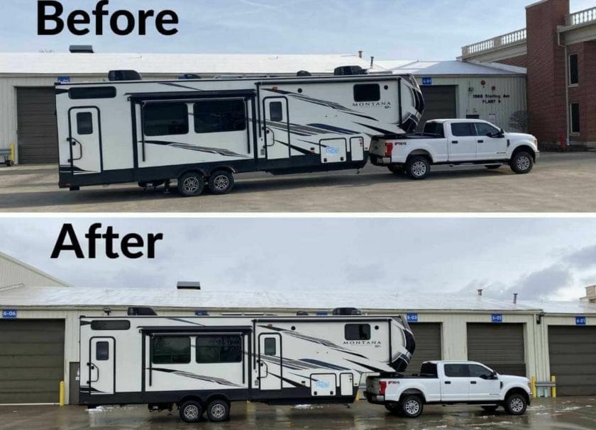 Before and after picture of the trailer height,why you need independent trailer suspension and trailer disc brakes