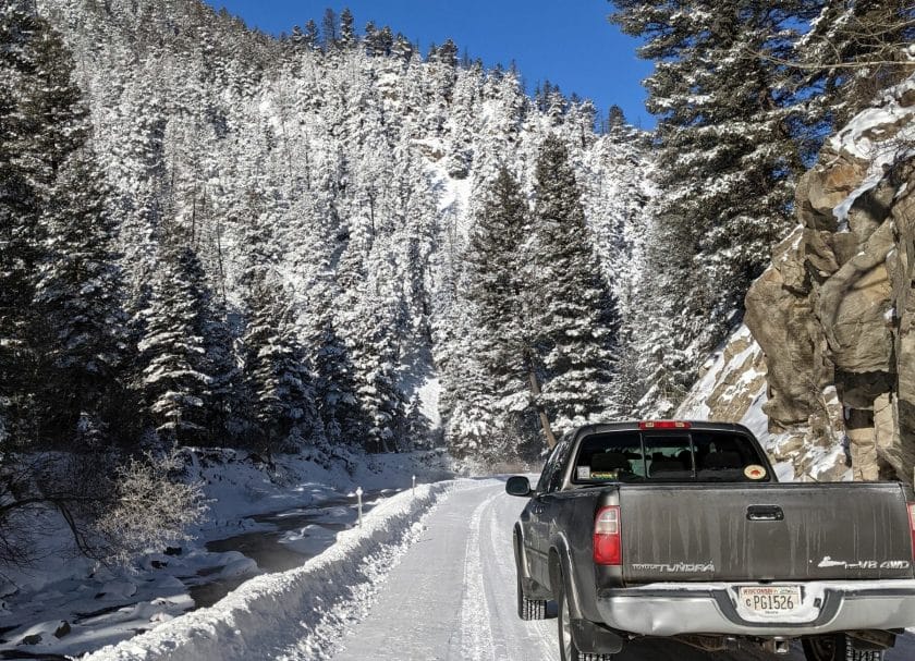 Driving on a snow-covered road, Yellowstone in Winter