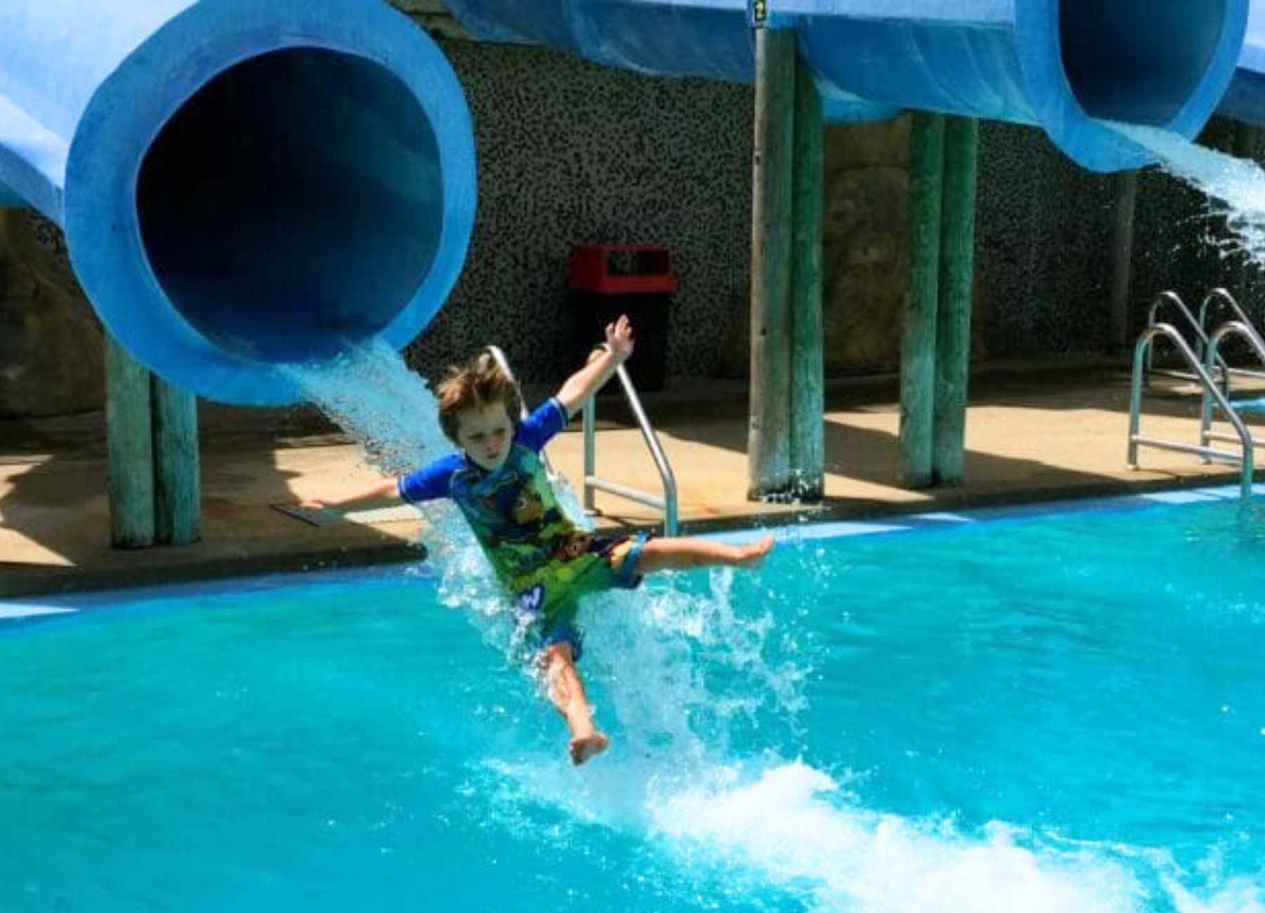 Knox going down the slide at Noahs Ark in Wisconsin Dells