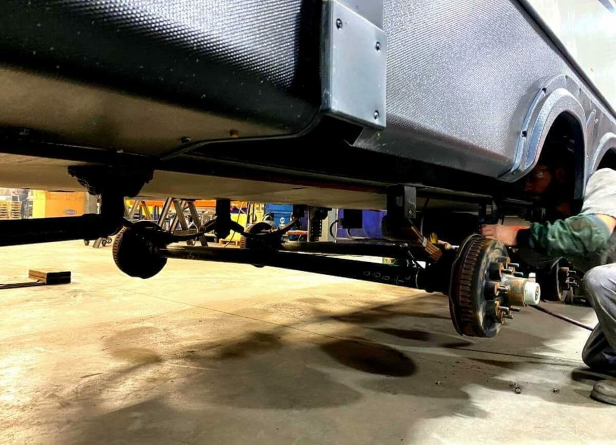 Close up of the trailer disc brakes,why you need independent trailer suspension and trailer disc brakes