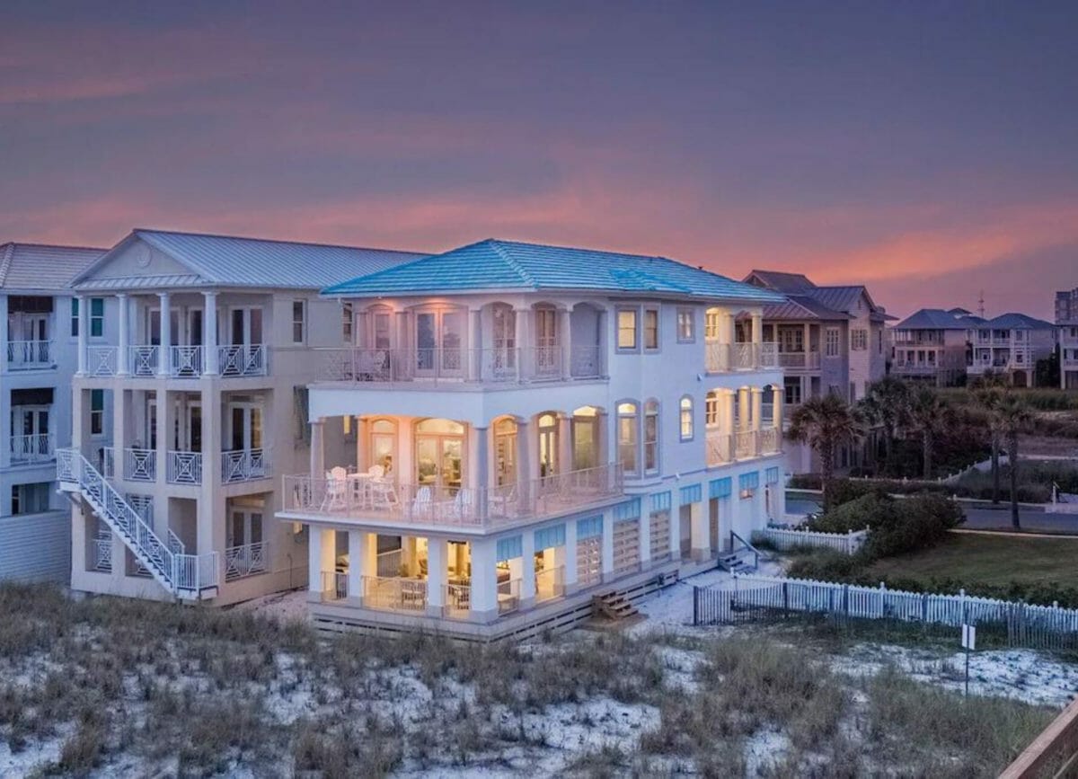 Exterior view from the ocean looking toward Land Zen Vacation Rental, VRBO Destin.
