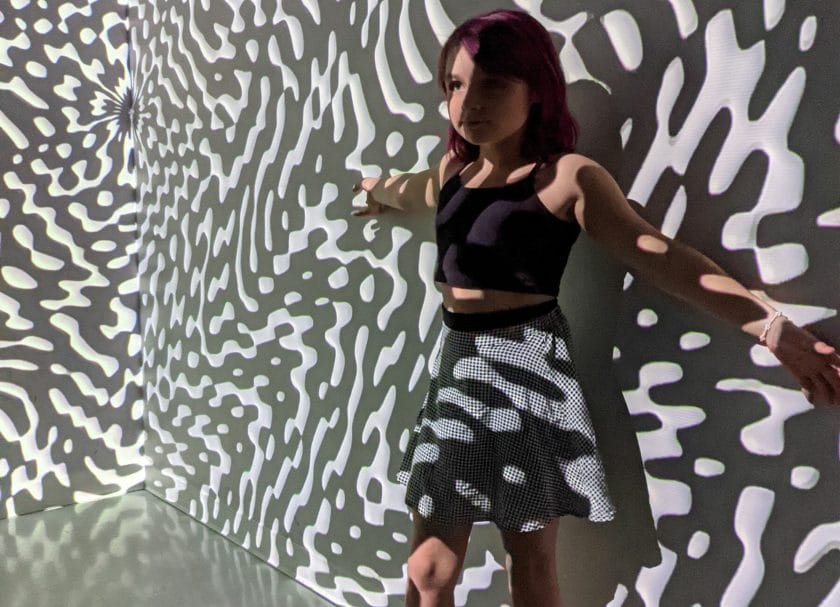 Shows a little girl posing in front of a black and white art display, Meow Wolf Review
