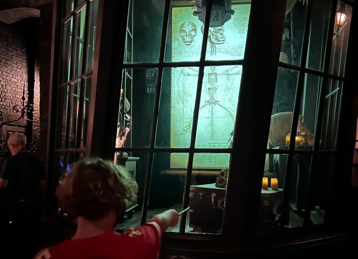 Shows a little boy looking through a window at Borgin and Burkes in Knockturn Alley, Harry Potter World Rides