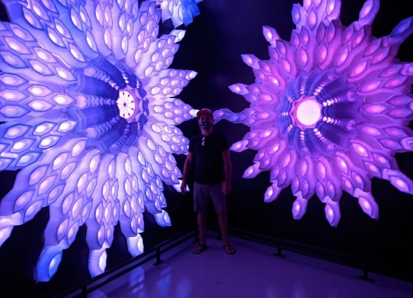 Shows a man in front of neon snow flakes at Meow Wolf Las Vegas, Meow Wolf Review