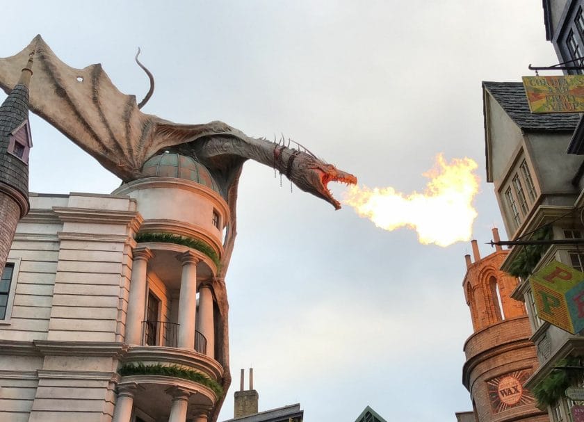 Picture of the dragon on top of Gringots Bank breathing fire, Harry Potter World Rides