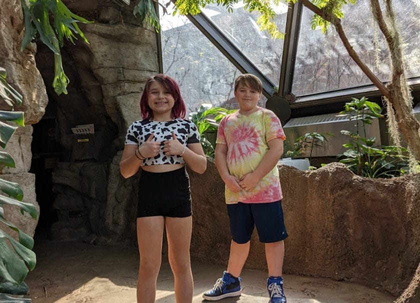 Shows 2 kids inside the butterfly house at the St Louis Zoo, St Louis Family Vacation Ideas
