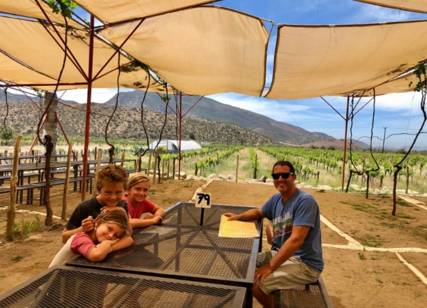 Shows a father and 3 kids at Valle de Guadalupe, Day trips from San Diego