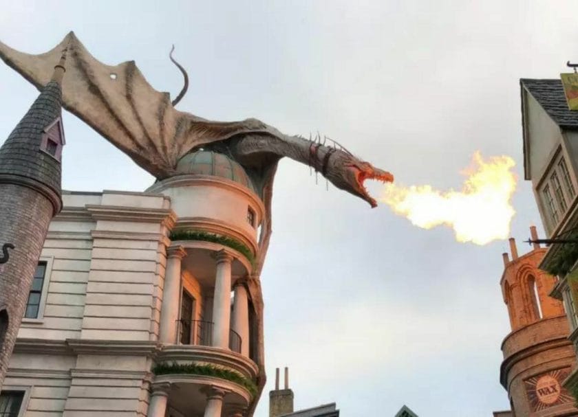 Fire breathing dragon on top of Gringotts bank, Universal vs Island of Adventure