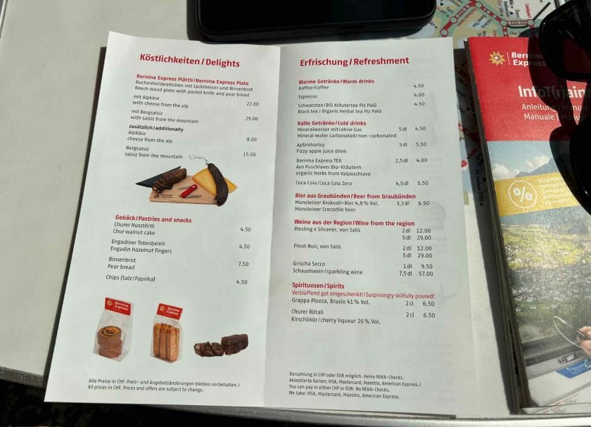 Menu on the Bernina Express