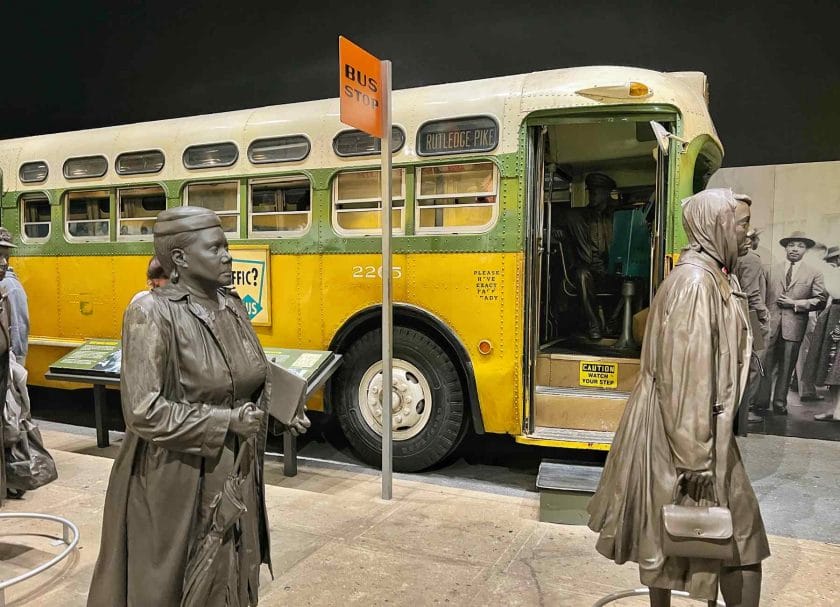 Civil Rights Museum exhibit showing the bus where Rosa Parks sat. 