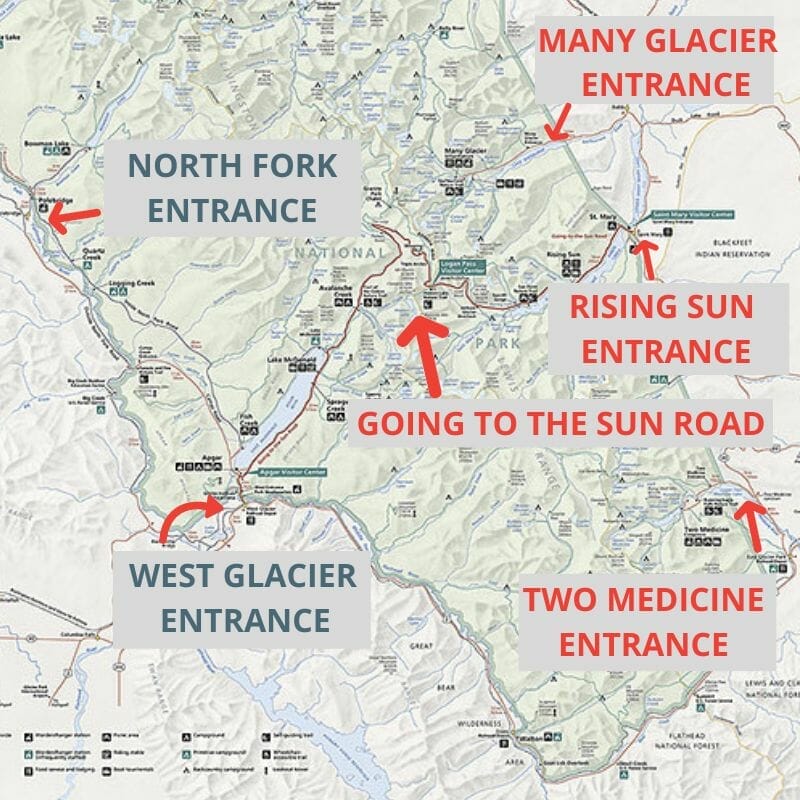 Map of Glacier National Park entrances.