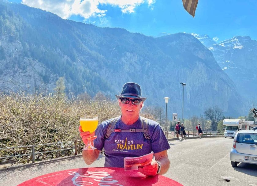 My Dad sitting outside of the Horner Pub in Lauterbrunnen.