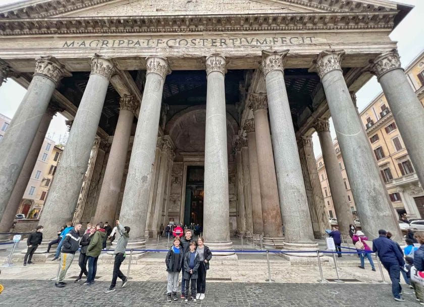 The kids in front of the Pantheon in Rome.