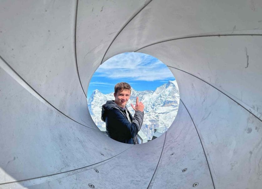 Carson doing the James Bond pose at the Schilthorn. 
