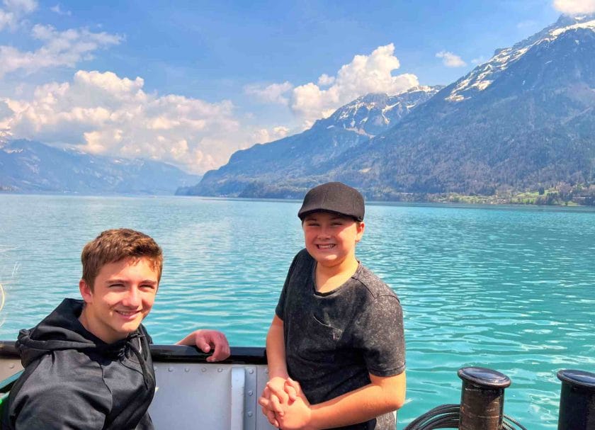 Carson and Cannon on the boat on Lake Brienz