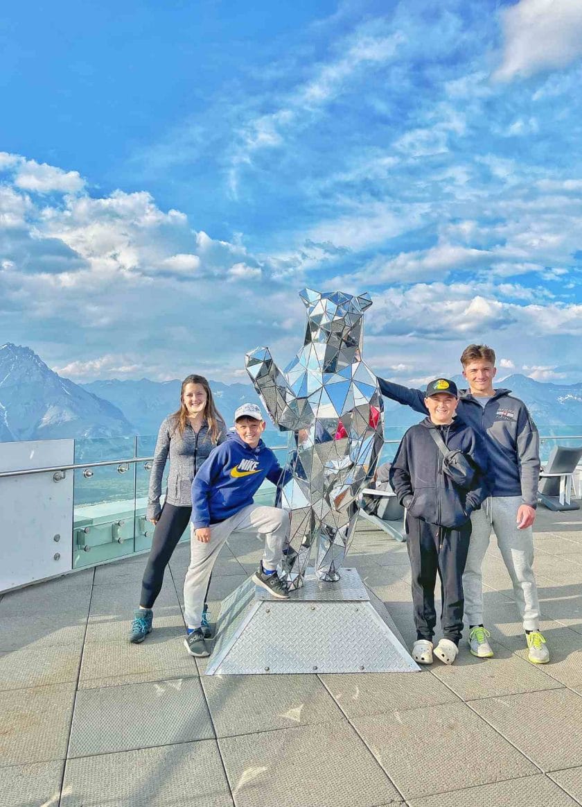 Standing by the Glass Bear at the top Observation Deck at the Banff Gondola