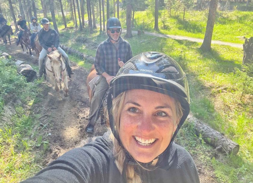 Me, Craig and Carson walking in line with our horses on our horseback riding with Banff Trail Riders