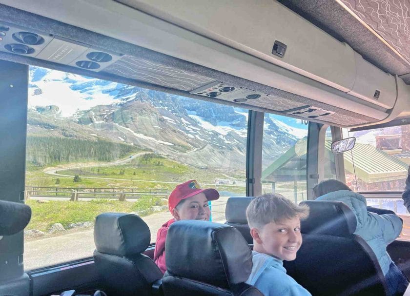 On the bus to the Athabasca Glacier with the Columbia Icefield Adventure