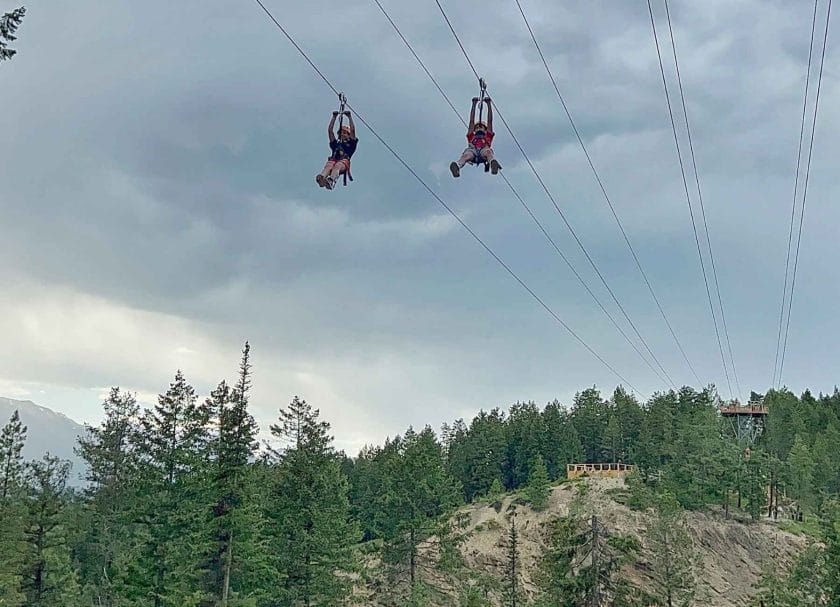 Knox and Inga on the zip-line at the Golden Skybridge.