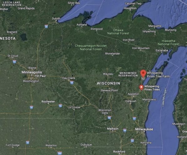 Map of where Whispering Pines Tree Farm is