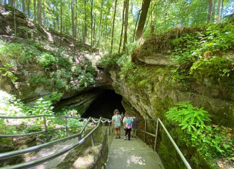 Family Friendly things to do in and near Mammoth Cave National park. Picture walking into a Cave tour.