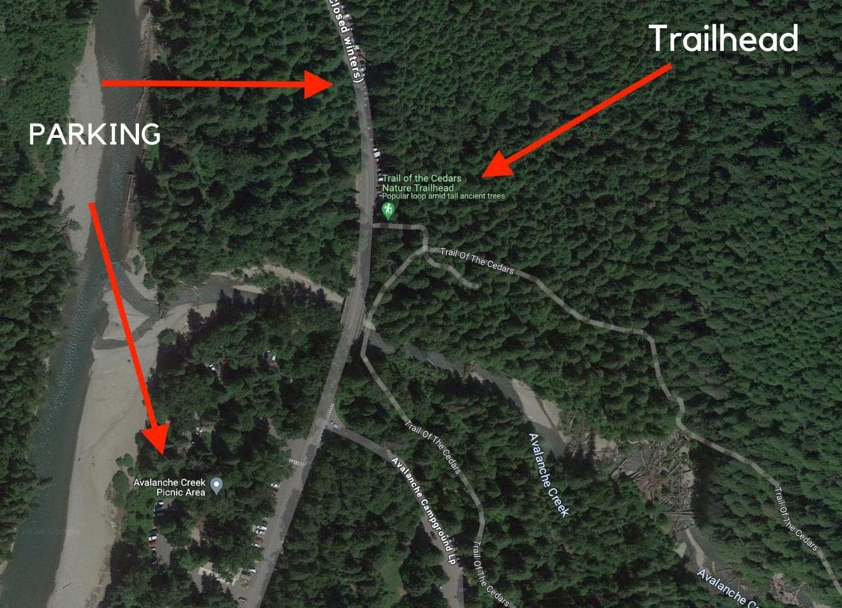 Parking for the Trail of the Cedars hike