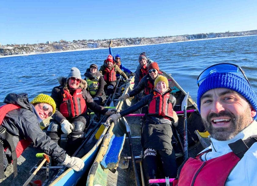 On the water with our crew when we were ice canoeing in Quebec City!